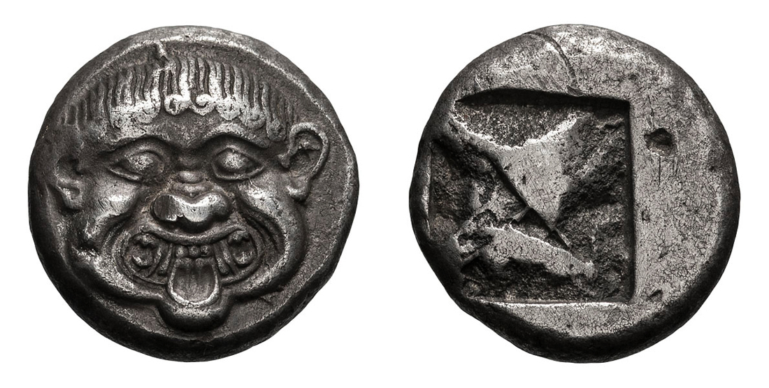 Two Terrifying Gorgons Macedonia. Neapolis.  c. 530-450 BC. Stater, 9.83g Obv: Gorgoneion facing