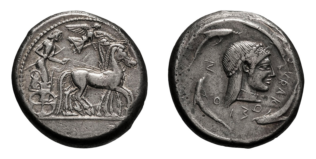 Sicily. Syracuse.  c. 485-480 BC. Tetradrachm, 17.20g (8h). Obv: Charioteer driving quadriga right,