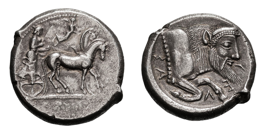 Exquisite and Detailed Man-Headed Bull Sicily. Gela.  c. 480/75-475/70 BC. Tetradrachm, 17.52g (3h).