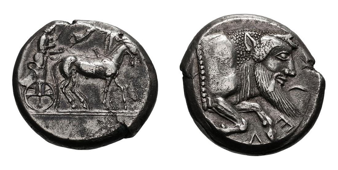 Sicily. Gela.  c. 480-470 BC. Tetradrachm, 16.96g (10h). Obv: Slow quadriga driven right by