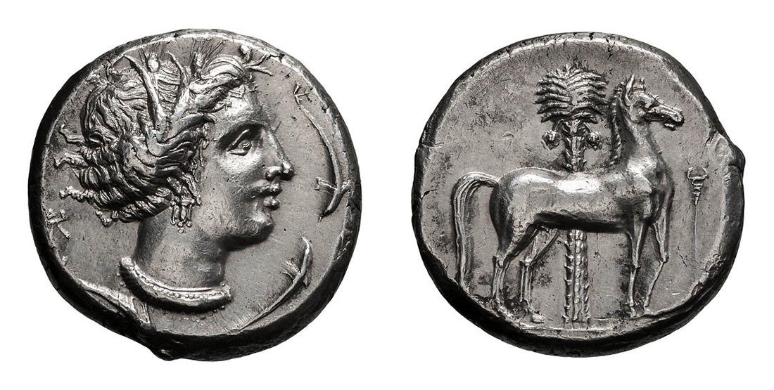 Sicily. Siculo-Punic.  c. 345/40-320/1 BC. Tetradrachm, 17.60g (3h). Obv: Head of nymph right,