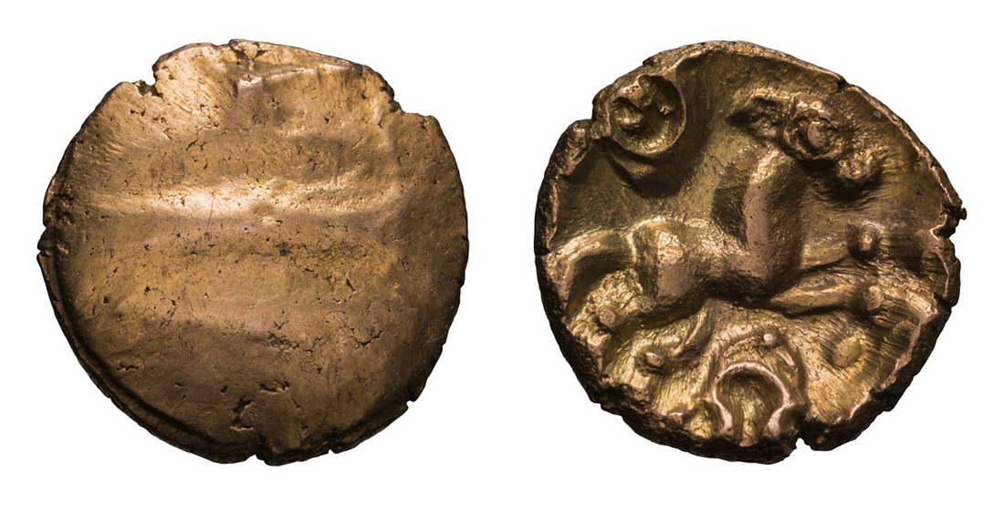 Cantii (Kent). c. 50-30 BC. AV Quarter stater, 1.40g Obv: Plain. Rx: Stylized, mane-less horse