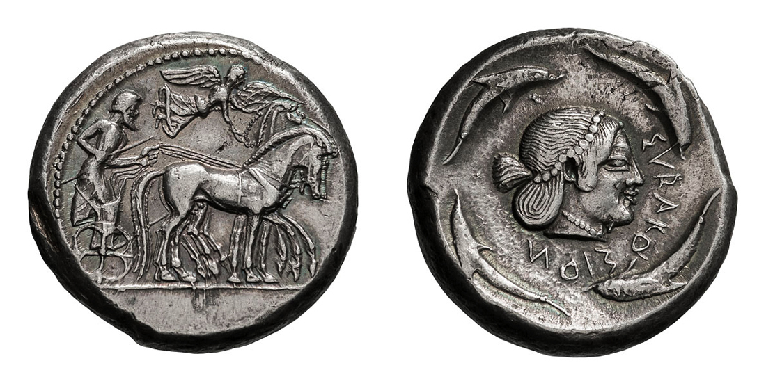 From the Randazzo Hoard Sicily. Syracuse.  c. 480-475 BC. Tetradrachm, 17.32g (2h). Obv: Slow