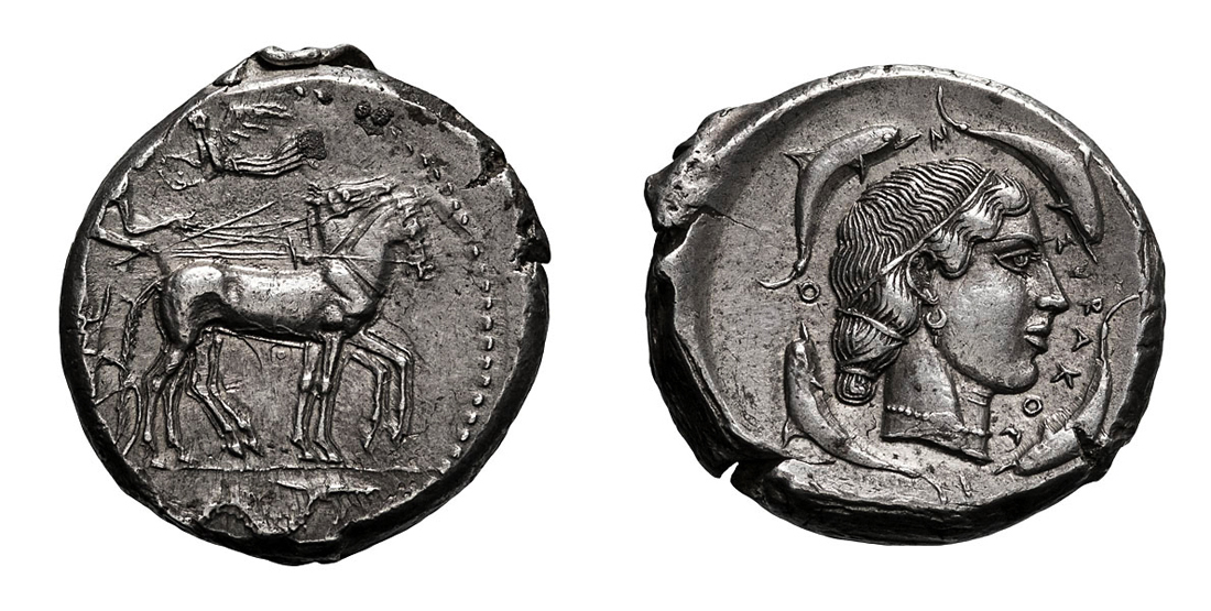 Well-Struck Head of Arethusa Sicily, Syracuse.  c. 450/445 BC. Tetradrachm, 17.46g (2h). Obv: