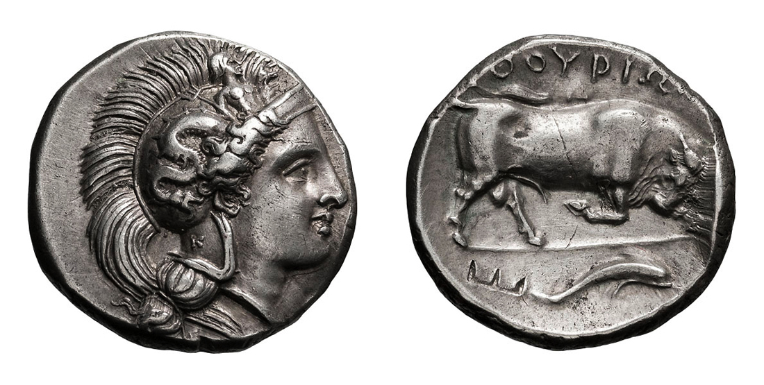 Lucania. Thurium.  c. 380-360 BC. Nomos, 7.43g (5h). Obv: Helmeted head of Athena right, with