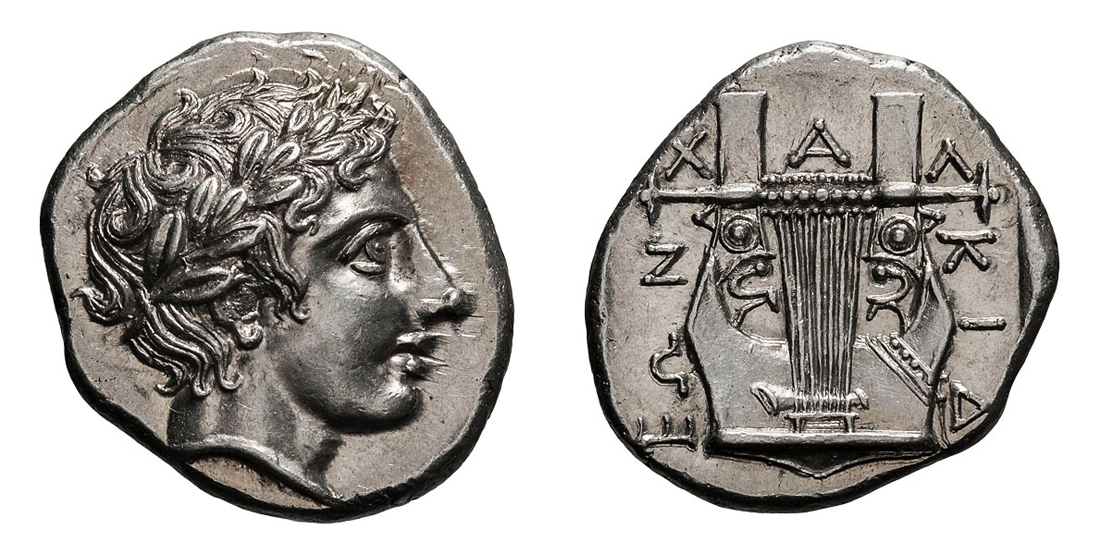 FDC Specimen; Spectacular Lyre Macedonia. Olynthus.  c. 390 BC. Tetradrachm, 14.36g (11h). Obv: