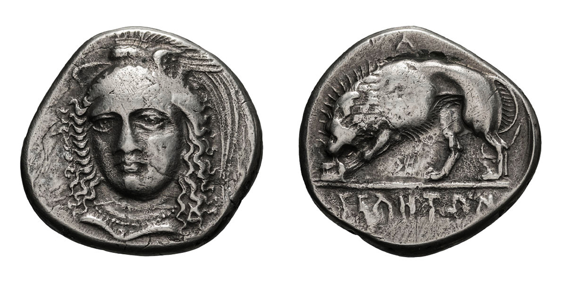 Lucania. Velia.  c. 340-320 BC. Nomos, 7.02g (1h). Obv: Head of Athena in three-quarter