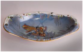 Carlton Ware 'Koi Carp' Dish, a single polychrome enamel and gilt koi carp shown in an aqua blue