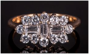 18ct Gold Diamond Cluster Ring Set With 3 Baguette Surrounded By 12 Round Modern Brilliant Cut