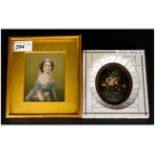 20thC Still Life Miniature depicting floral bouquet, piano key frame. Together with a portrait