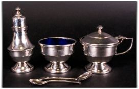 A Boxed Silver Condiment Set, Complete with Blue Liners and Spoons. Hallmark Birmingham 1945.