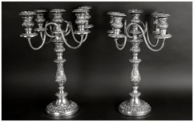 Matched Pair of Unmarked, Possibly Continental, Five Branch 19thC Silver Plated Candelabra that