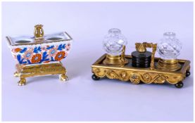 French Gilt Bronze Desk Inkwell with two glass inkwells, together with a continental decorated