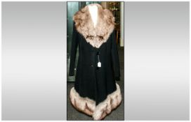 Ladies Three Quarter Length Black Coat With Fox Fur Collar & Trim Fully lined.