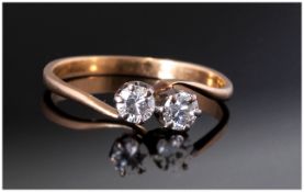 18ct Gold Diamond Ring Set With 2 Round Modern Brilliant Cut Diamonds On A Twist, Unmarked Tests