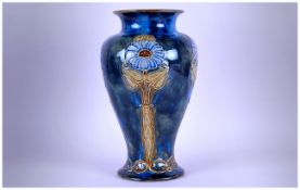 Royal Doulton Art Nouveau Tube Lined Blue Iris Vase. c.1900-1910. Stands 10.5 Inches High.