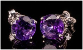 Amethyst Round Cut Stud Earrings, deep, rich purple round cut stones of 2.75cts each, in openwork