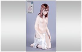Royal Dux Nude Girl Figure With Cat, Designed by Cernoch. Pink triangle to base. 9'' in height.