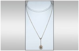 Victorian 9ct Gold Set Aquamarine & Seed Pearl Pendant with 9ct gold chain. Marked 9ct.