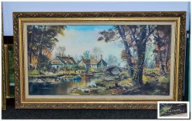 John Corcoran (Born 1942) Large Print On Canvas, River Landscape With Riverside Cottages & Town