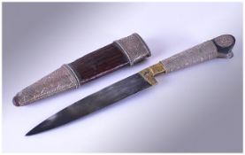 19thC Persian Steel Dagger And Scabbard, Ebony Hilt With Wire Grip, White Metal Embossed Mounts,