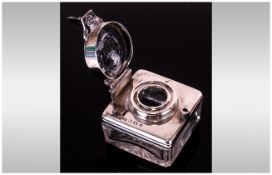 Edwardian - Fine Square Shaped Silver and Cut Glass Travelling Inkwell with Screw Lock. Hallmark