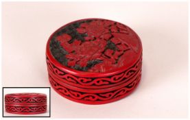 20thC Cinnabar Lidded Box Circular Form, Deep Floral Carving, Black Lacquered Interior, Diameter 3