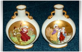 Pair Of Minton Pilgrim Bottles/Flasks Of Moon Flask Form, the neck Flanked By Two Gilt Lug Handles