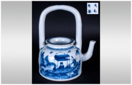 Chinese Blue And White Teapot, The Front Depicting Figures And River Scene, The Reverse With
