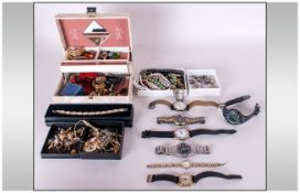 Collection Of Costume Jewellery, Comprising Earrings, Necklaces, Chains, Brooches, Wristwatches etc