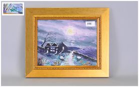 Indistinctly Signed Contemporary Moonlight Moorland Scene with an abandonded cottage. Oil on