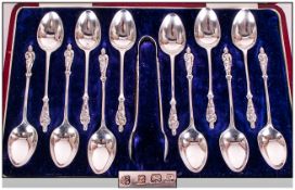Edwardian - Boxed Set of 12 Silver Apostle Spoons and Matching Sugar Nips. Hallmark Birmingham 1905.