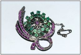 Antique Fine White Metal Set Ruby, Emerald and Diamond Brooch, with safety chain; wheel and bow