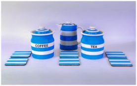 T. G. Green Cornish ware Items, Comprises Lidded Coffee, And Tea Storage Jars + Coffee Pot and Six