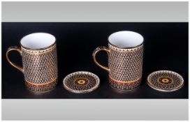 Pienong Benjarong Pair of Hand Painted Cups and Covers, the straight sided cups hand decorated