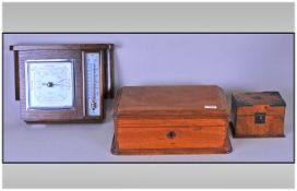 Two Walnut Desk Boxes and An Oak Desk Barometer. One fitted jewellery box. One fitted card case.