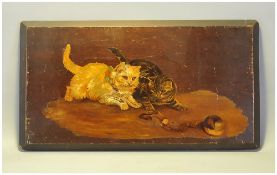 Circle Of Bessie Bamber (flc 1900-1910) Two Tabby Cats Playing With A Rope & Ball oil on mahogany