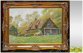 Keith Sutton Framed Oil on Board. Titled Tea Garden Cottage, Toddington Nr Little Hampton, Sussex.