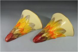 Grays - Pottery Art Deco Pair of 1930's Fan Shaped Wall Pockets, With Multi- Coloured Leaf