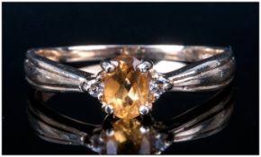 9ct Gold Dress Ring Set With A Central Citrine Between 2 Round Cut Diamonds, Fully Hallmarked,