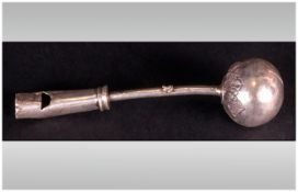 White Metal Babies Rattle In The Form Of A Whistle And Globular Bell With Engraved Floral