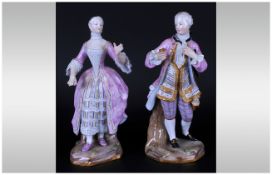 Pair of Meissen Aristocratic Figures, in 18th century costume, both the gentleman's jacket and