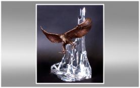 Modern Sculptural Bronze and Crystal Glass Centre Piece depicting an outstretched eagle on a clear