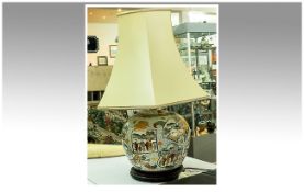 Oriental Style Ceramic Table Lamp, Base decorated with figures in garden settings. With cream shade.
