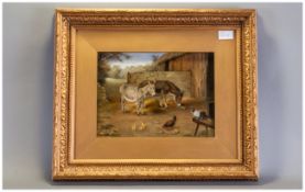 Oil Painting On Wood Panel of a farmyard scene. With two donkeys, rabbit & chickens. Signed by G.