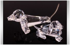 Swarovski Silver Cut Crystal Figures ( 2 ) In Total. 1/ Large Dachshund, Spring Tail, 3.75 Inches In
