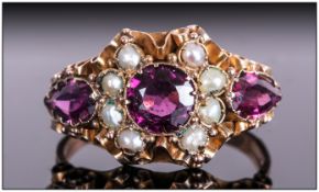 Ladies Early Victorian 15ct Gold Set Amethyst & Seed Pearl Ring Hallmarked 15ct. Circa 1840's
