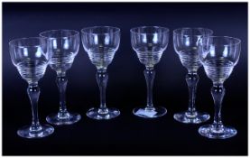 Set of Six Elegant Wine Glasses with baluster stems and ribbed centre detail. 7 inches in height.