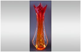 Murano Amber and Red Tall Art Studio Glass Vase. c.1970's. Stands 14.5 Inches High, Excellent