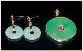 14ct Gold Set - Jadeite Circular Pendant and Matching Earrings of Good Colour and Quality. Marked